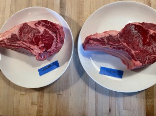 Two steaks on plates.